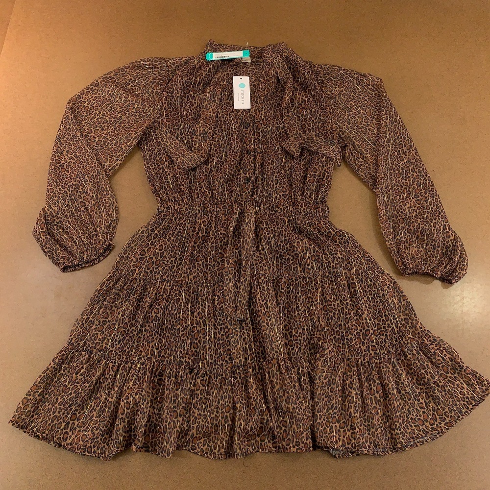 Dizzy Lizzy Womens Medium Tie Front Animal Print Chiffon Long Sleeve Mini Dress